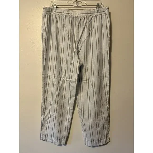 Chicos Striped Linen Blend Cropped Pants Wide Leg Blue White Size 14 Large Boho - Picture 4 of 9